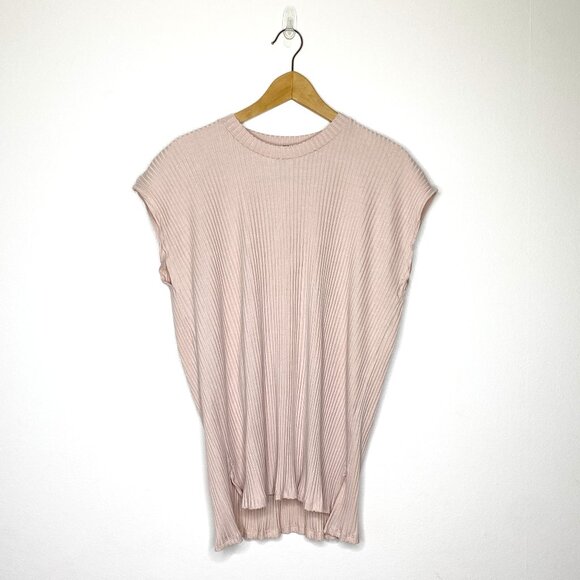 Eileen Fisher Ribbed Knit Top XL Dusty Mauve Pink Short Sleeve Sweater - Picture 1 of 8